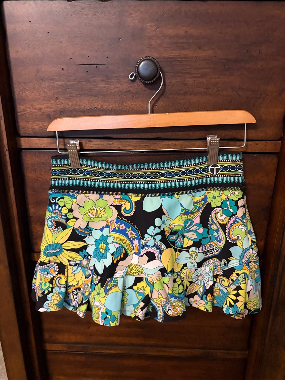 Trina Turk Black Multi Paisley Floral Ruffled Tennis/Pickleball Skirt